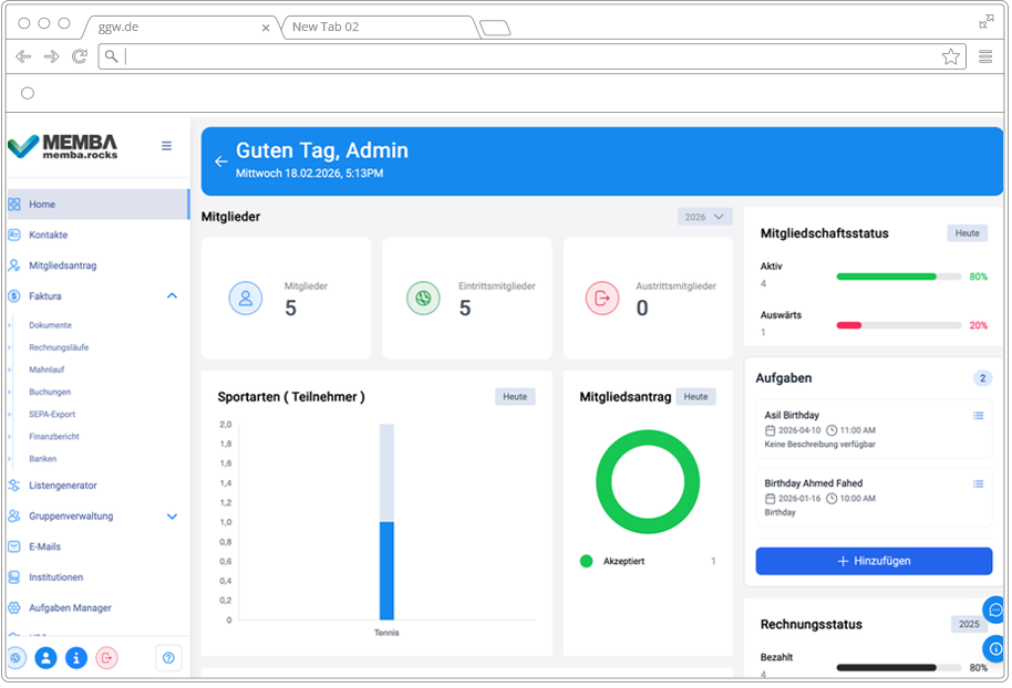 Screenshot des MEMBA-Dashboards mit Mitgliederübersicht, Sportarten, Mitgliedschaftsstatus und Aufgaben – entwickelt von soft-park für die digitale Vereinsverwaltung