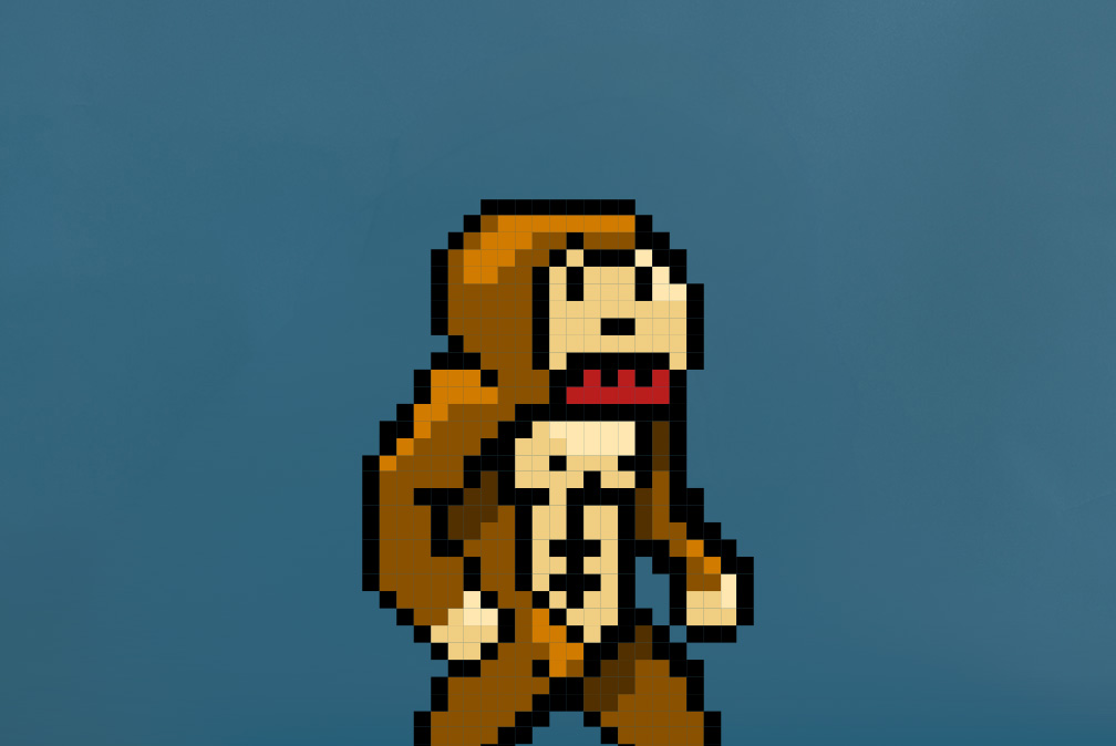 Pixel-Art-Illustration eines grinsenden Affen