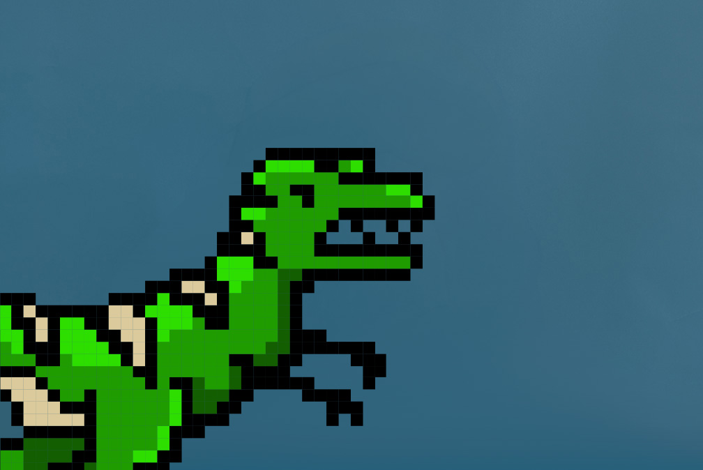 Pixel-Art-Illustration eines grünen T-Rex