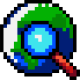 Pixel-Art-Icon einer Lupe vor einer Weltkugel