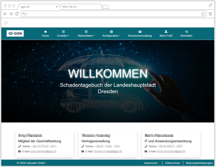 Screenshot des GGW-Schadenmanagement-Systems, entwickelt von soft-park, mit dem Schadentagebuch der Landeshauptstadt Dresden und Bereichen für Schäden, Stammdaten und Benutzerverwaltung