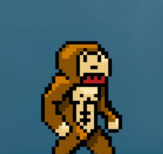 Pixel-Art-Illustration eines grinsenden Affen